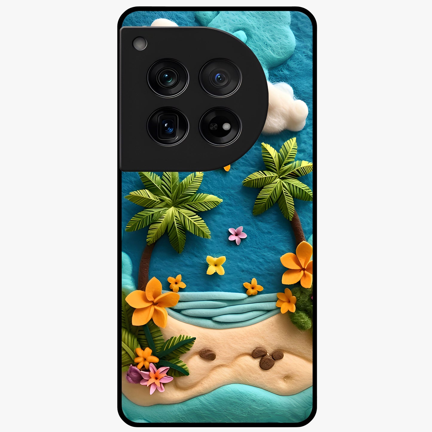 Tropical Felt Escape Glass Case for 1+12 refreshing front view featuring tropical inspired artistic artwork