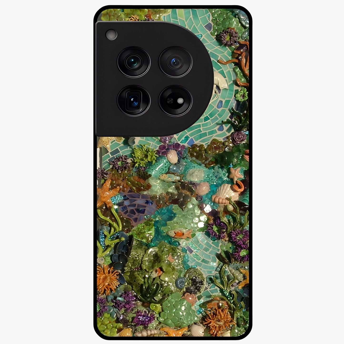Underwater Mosaic Art Glass Case for 1+12 artistic front view featuring mosaic inspired underwater artwork