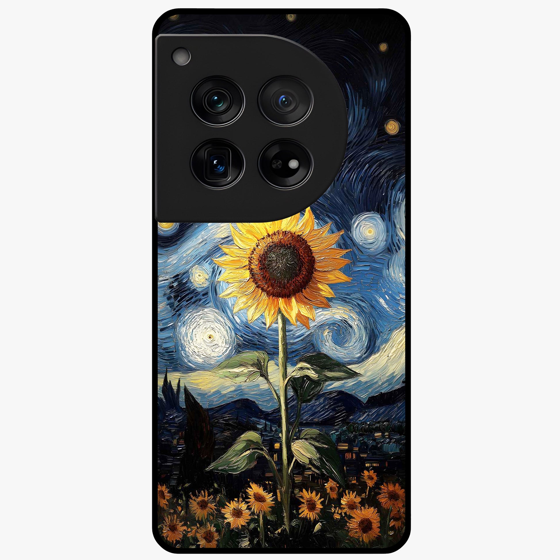 Van Gogh Sunflower Glass Case for 1+12 vibrant front view featuring sunflower artwork in painterly style