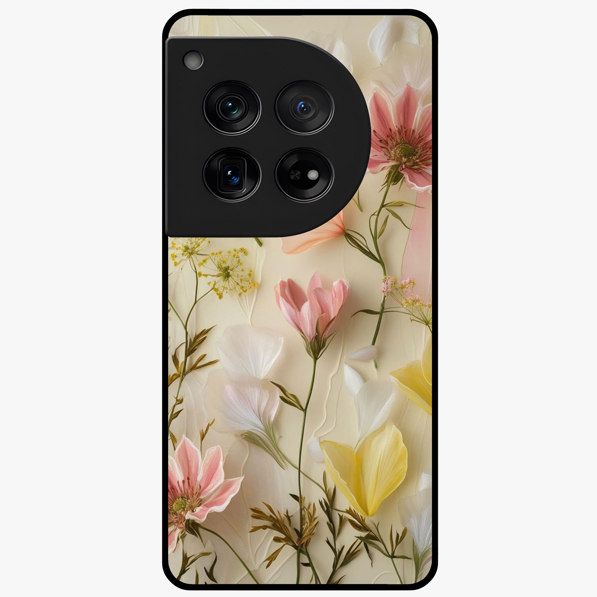 Whispering Petal Harmony Glass Case for 1+12 elegant front view featuring soft floral artwork in pastel tones