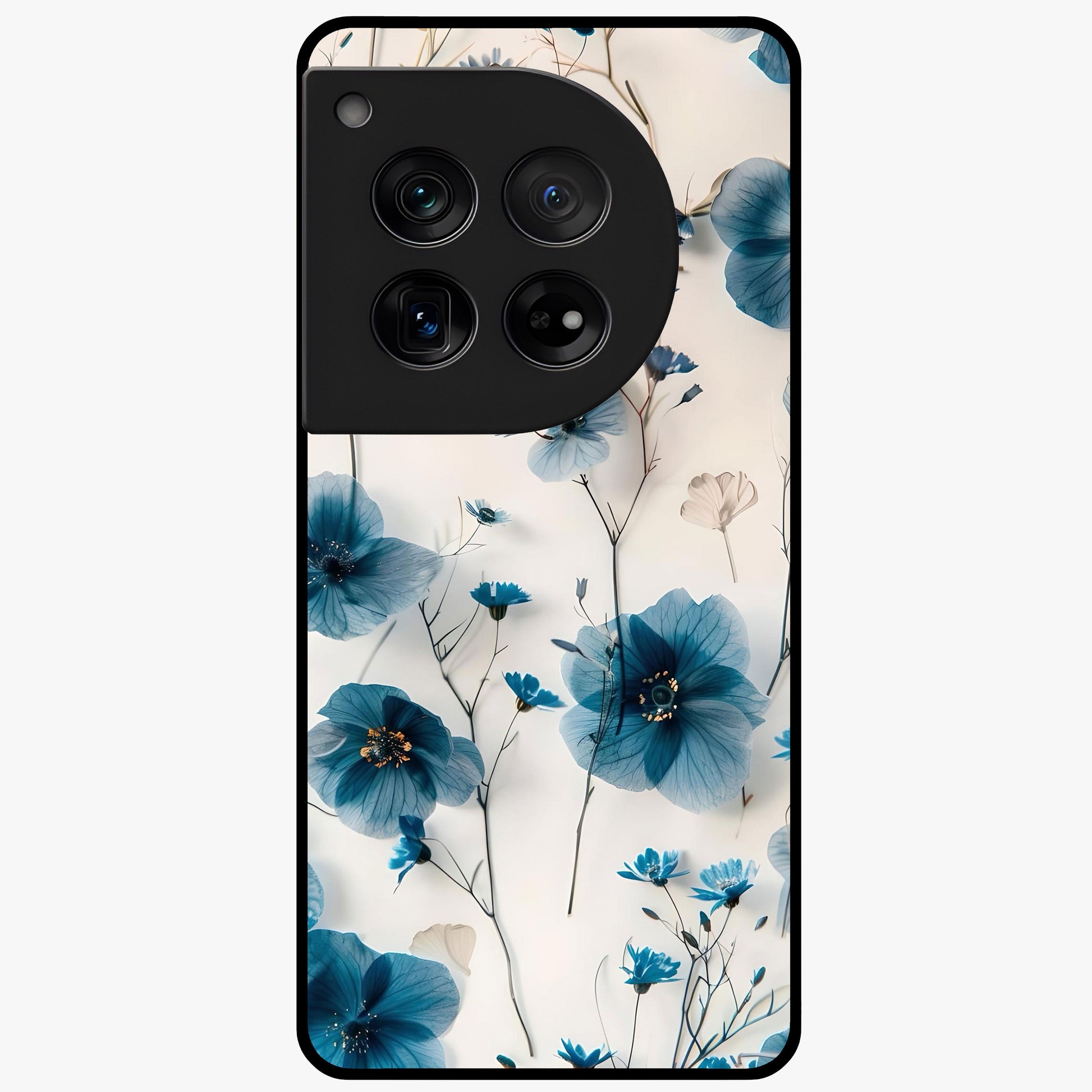Whispers of Blue Bloom Glass Case for 1+12 vibrant front view featuring blue floral artwork with soft glow