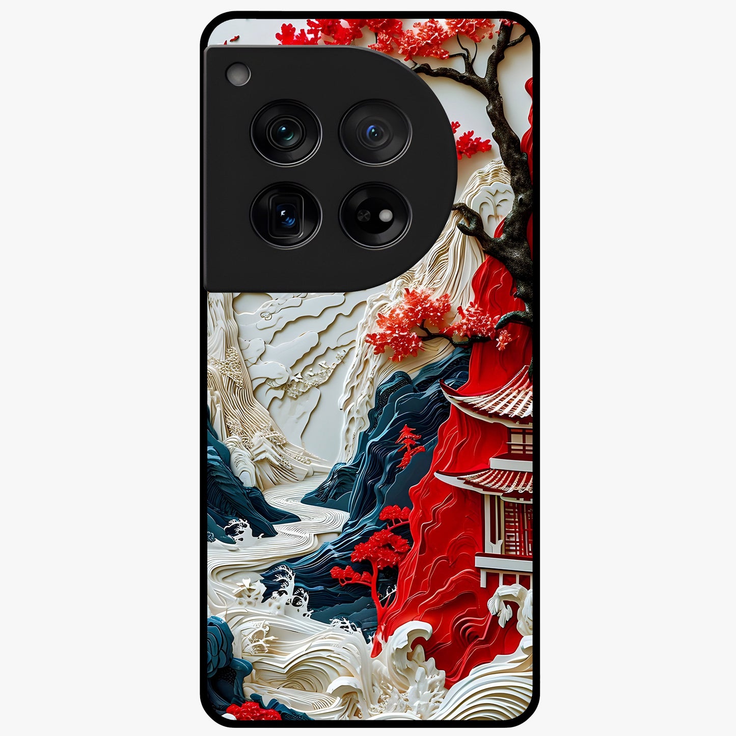 Whispers of Sakura Waves Glass Case for 1+12 artistic front view featuring cherry blossom artwork blended with flowing waves
