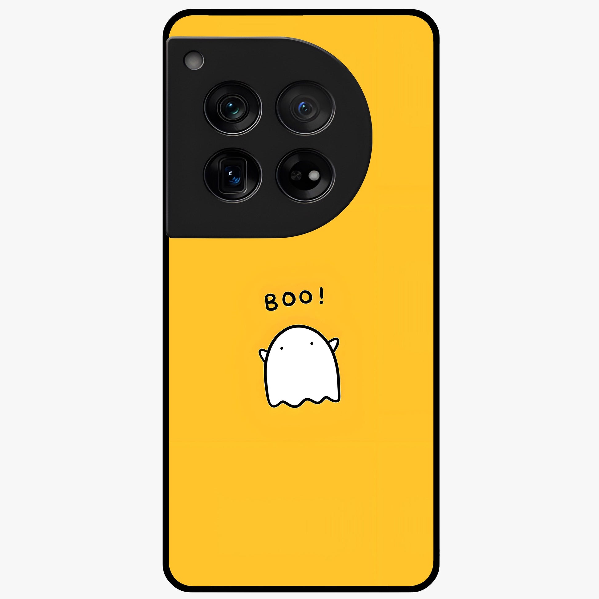 Yellow Boo Ghost Glass Case for 1+12 playful front view featuring cute ghost artwork in vibrant yellow tones