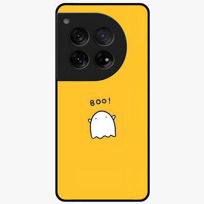 Yellow Boo Ghost Glass Case for 1+12 playful front view featuring cute ghost artwork in vibrant yellow tones