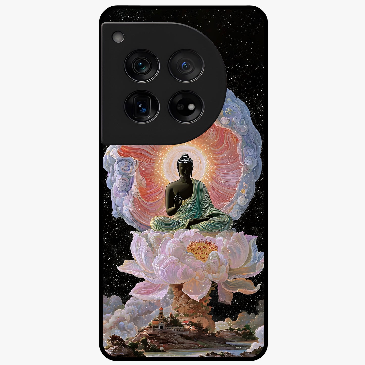 Zen Lotus Realm Glass Case for 1+12 peaceful front view featuring lotus artwork with calm spiritual tones