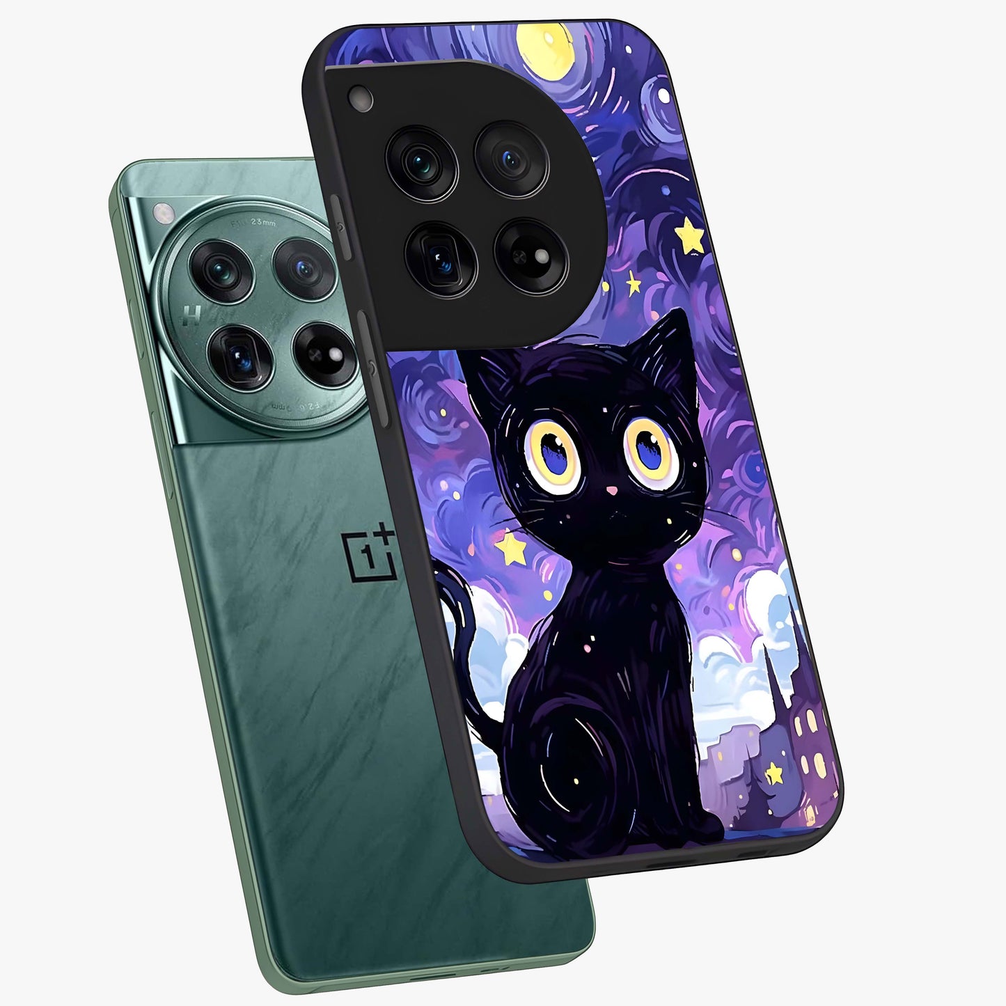 Abstract Cat Art Glass Case for 1+12 premium angled mockup showcasing glossy glass finish and creative feline design