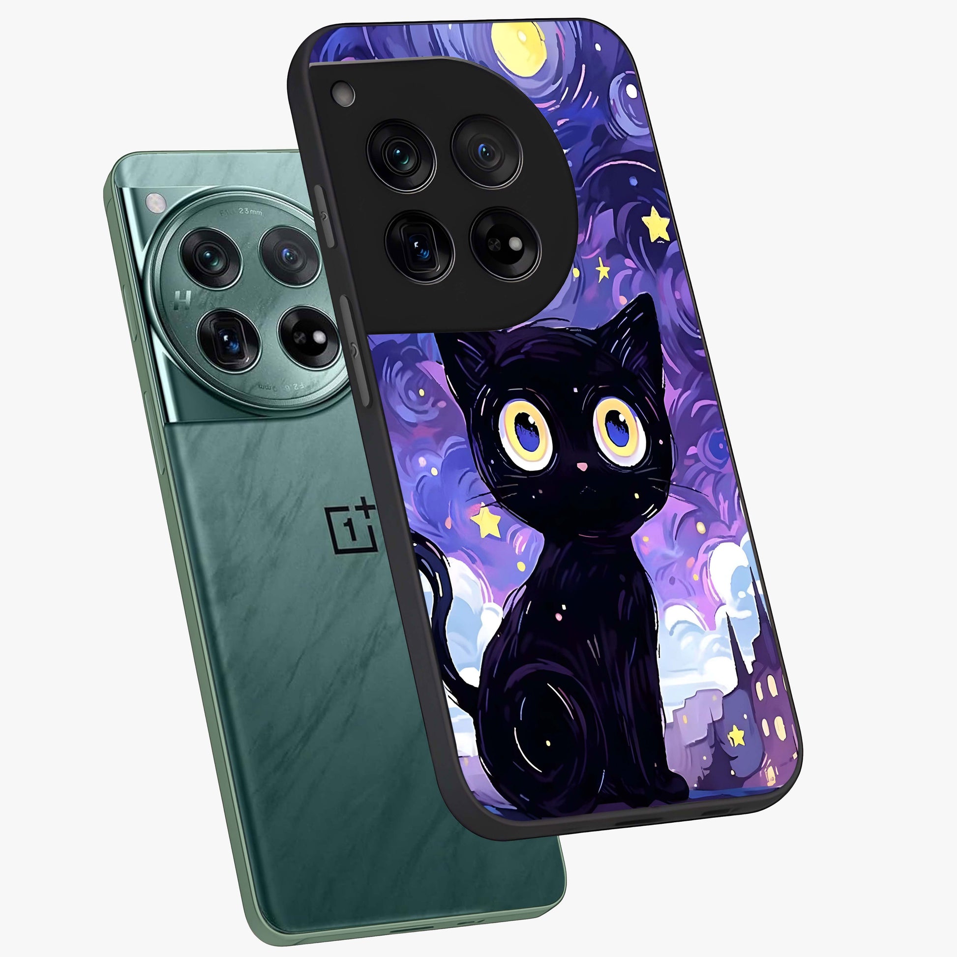 Abstract Cat Art Glass Case for 1+12 premium angled mockup showcasing glossy glass finish and creative feline design