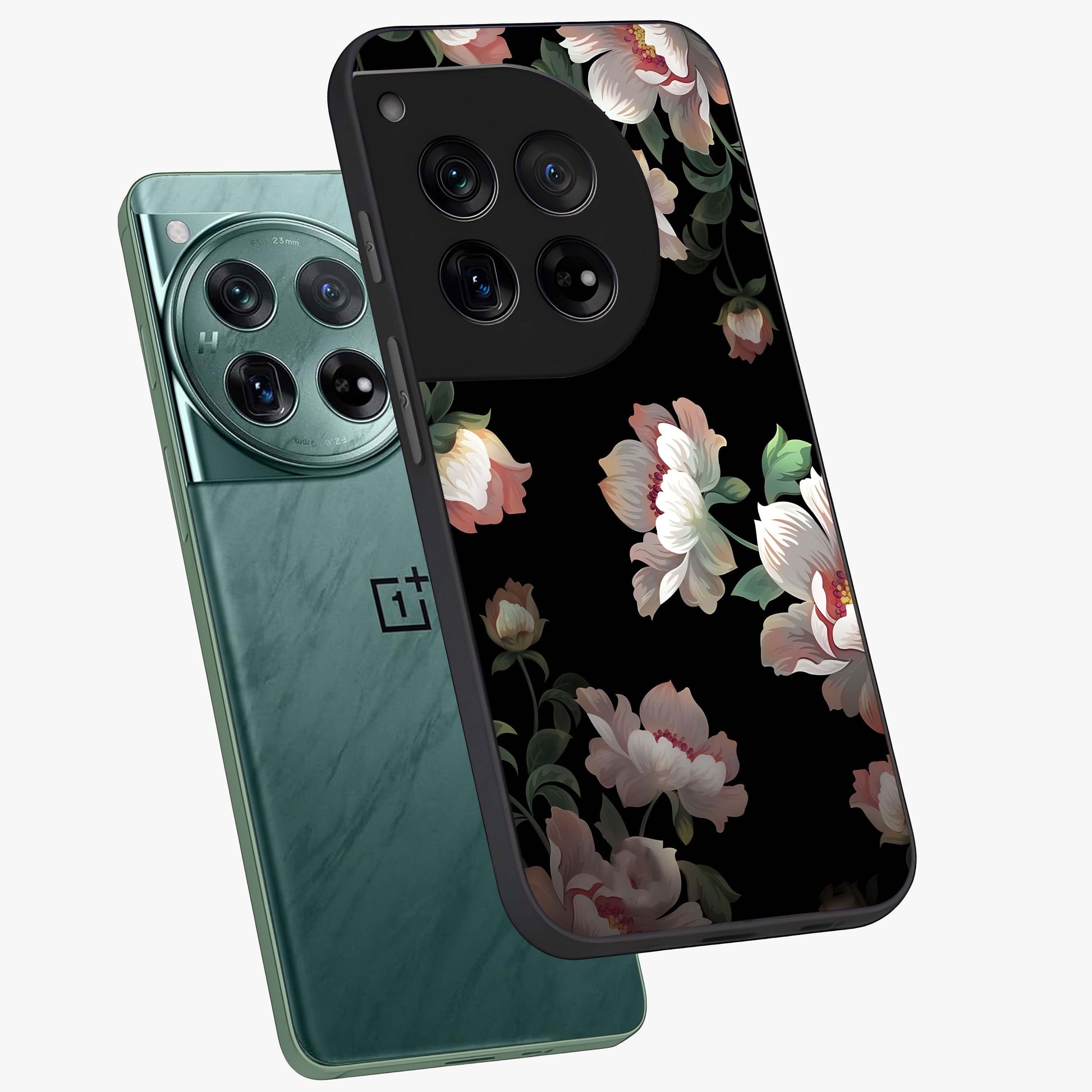 Abstract Embossed Blooming Bright Flower Glass Case for 1+12 angled mockup showcasing glossy surface and detailed bloom design