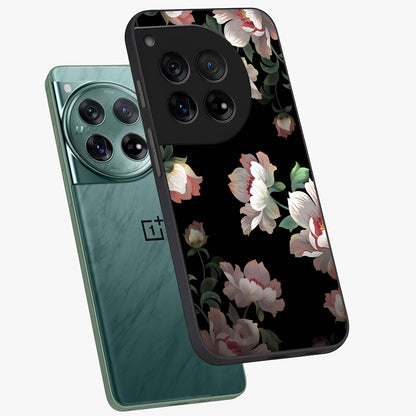 Abstract Embossed Blooming Bright Flower Glass Case for 1+12 angled mockup showcasing glossy surface and detailed bloom design