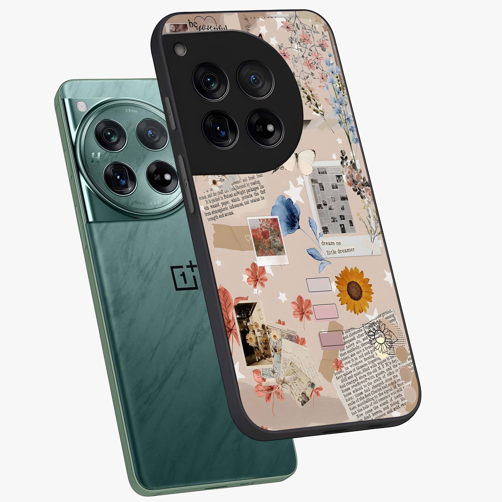 Aesthetic Butterfly Glass Case for 1+12 angled mockup showcasing glossy glass finish and delicate wing details