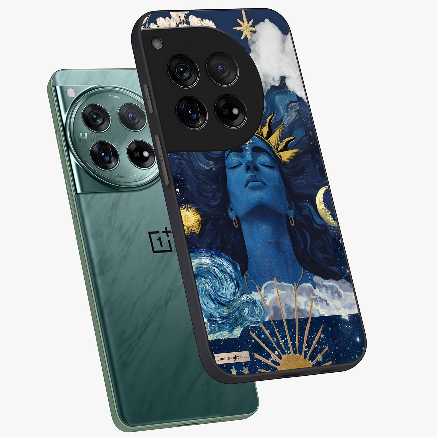 Aesthetic Lord Shiva Glass Case for 1+12 angled mockup showcasing glossy finish and divine aesthetic design