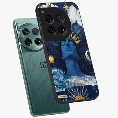 Aesthetic Lord Shiva Glass Case for 1+12 angled mockup showcasing glossy finish and divine aesthetic design