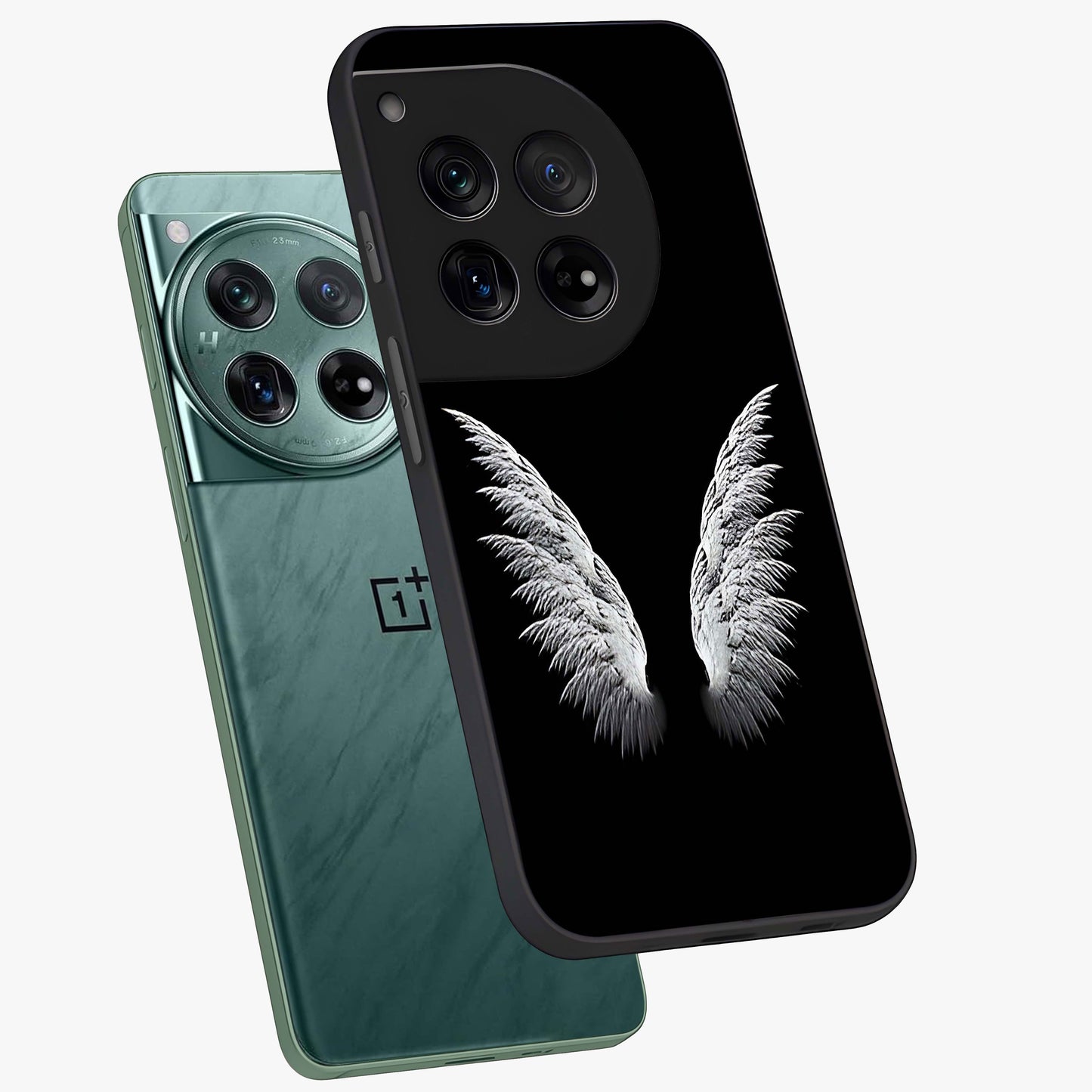 Angel Wing Grace Glass Case for 1+12 angled mockup showcasing glossy finish and graceful feather design