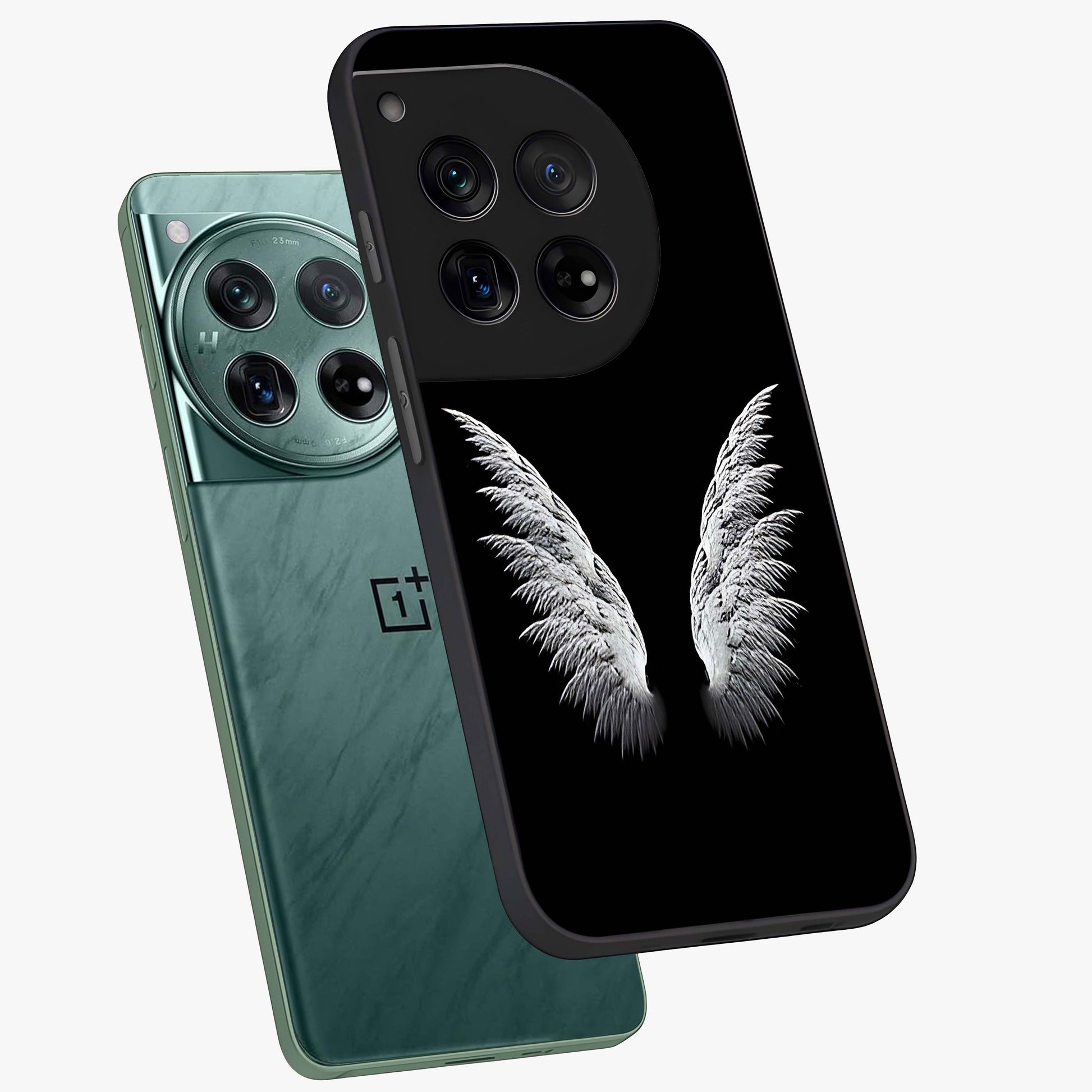 Angel Wing Grace Glass Case for 1+12 angled mockup showcasing glossy finish and graceful feather design