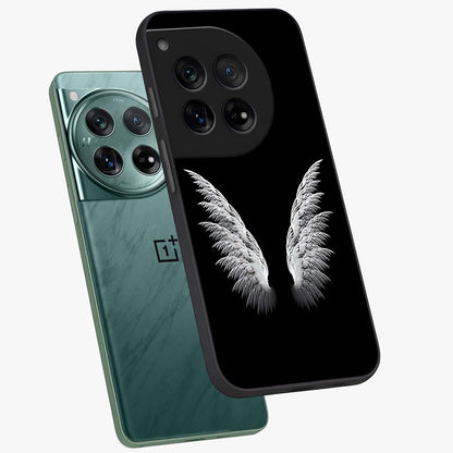 Angel Wing Grace Glass Case for 1+12 angled mockup showcasing glossy finish and graceful feather design