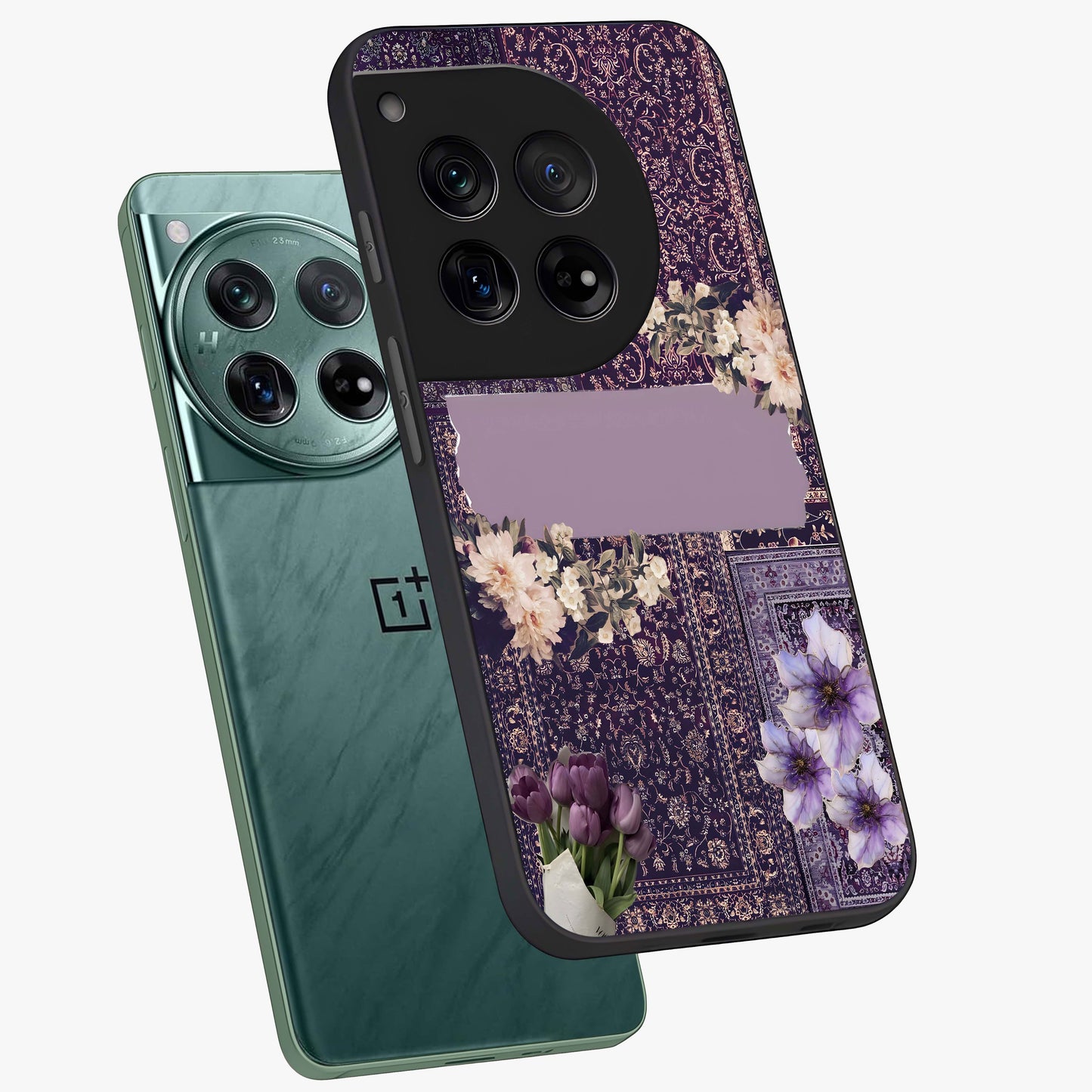 Antique Floral Whisper Glass Case for 1+12 angled mockup showcasing glossy finish and classic botanical design