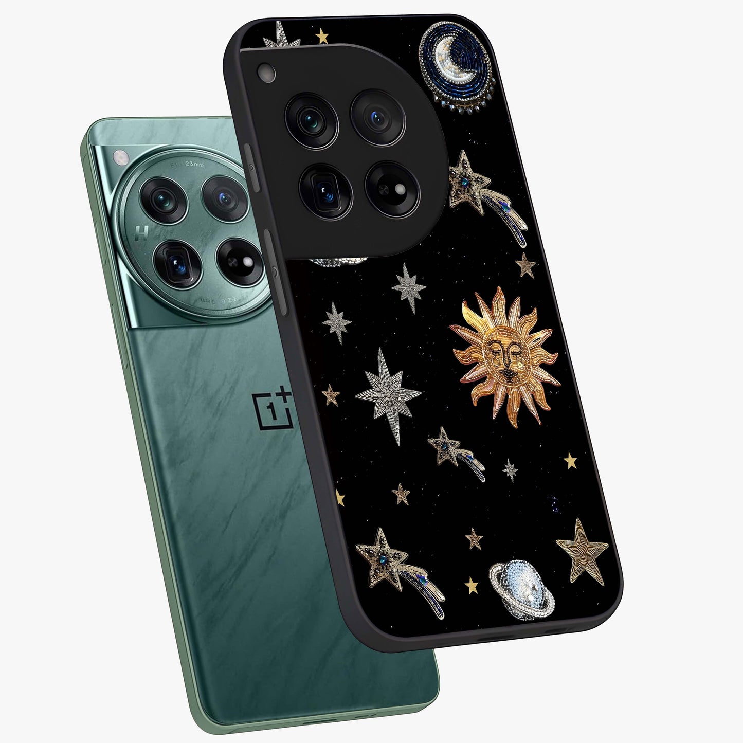 Beaded Cosmic Dreams Glass Case for 1+12 angled mockup showcasing glossy finish and vibrant galaxy detailing