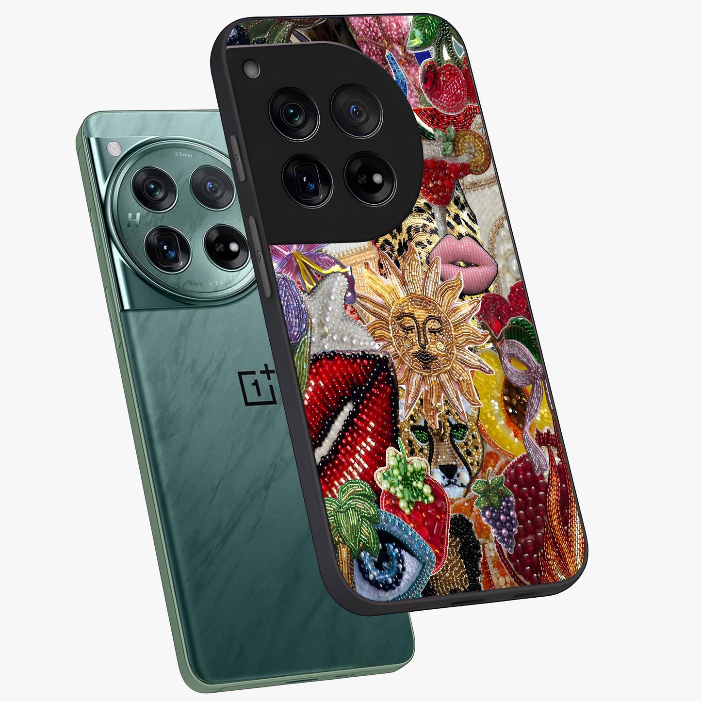 Beaded Fashion Jungle Glass Case for 1+12 angled mockup showcasing glossy finish and vibrant tropical design