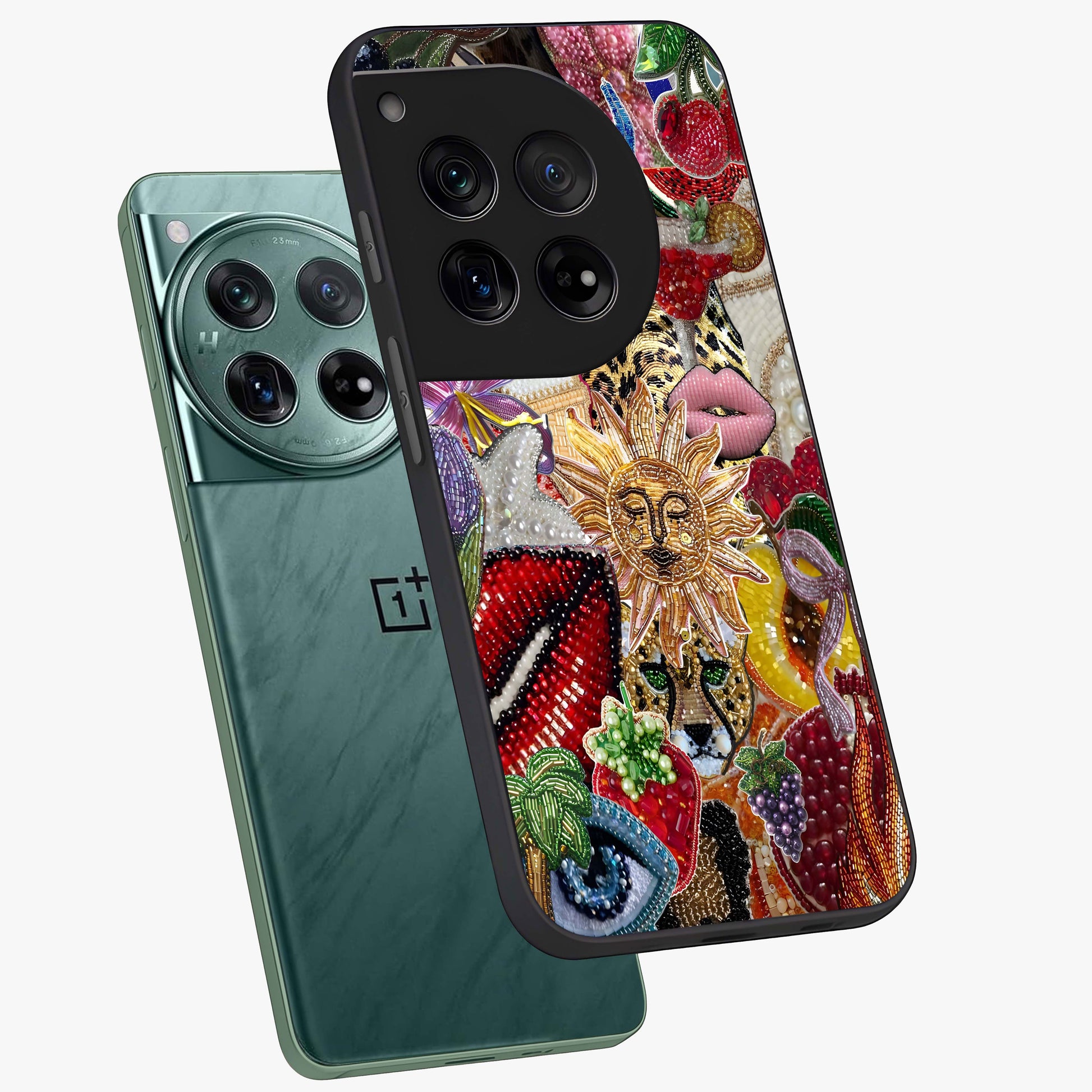 Beaded Fashion Jungle Glass Case for 1+12 angled mockup showcasing glossy finish and vibrant tropical design