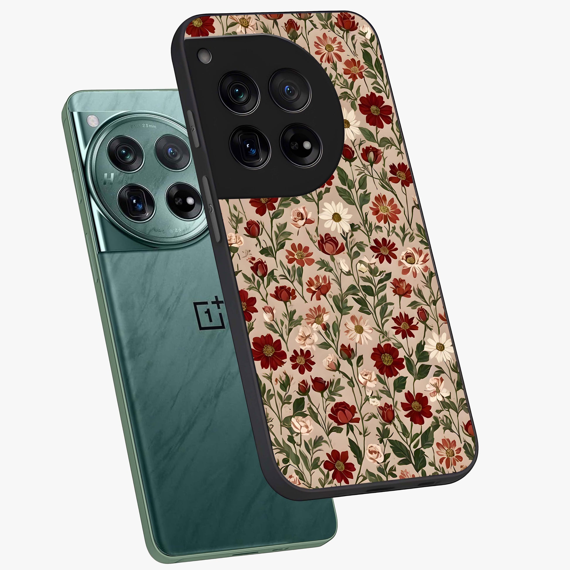 Biege Flower With Leaf Glass Case for 1+12 angled mockup showcasing glossy finish and minimal botanical design