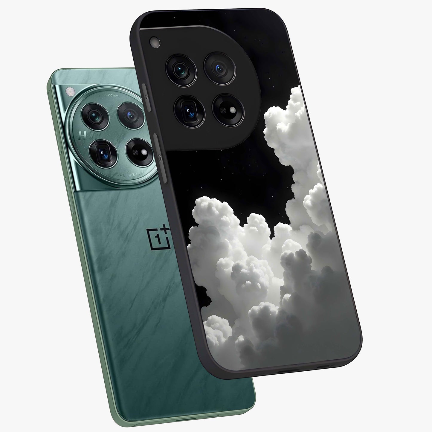 Black Background With White Cloud Glass Case for 1+12 angled mockup showcasing glossy finish and high contrast design