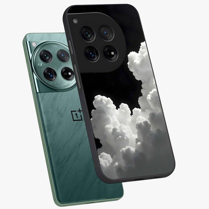 Black Background With White Cloud Glass Case for 1+12 angled mockup showcasing glossy finish and high contrast design