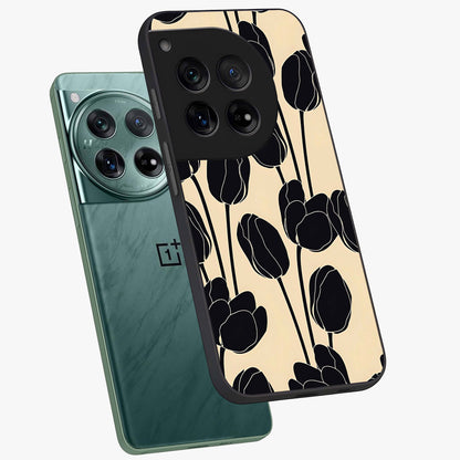 Black Designer Tulip Glass Case for 1+12 angled mockup showcasing glossy finish and premium floral detailing