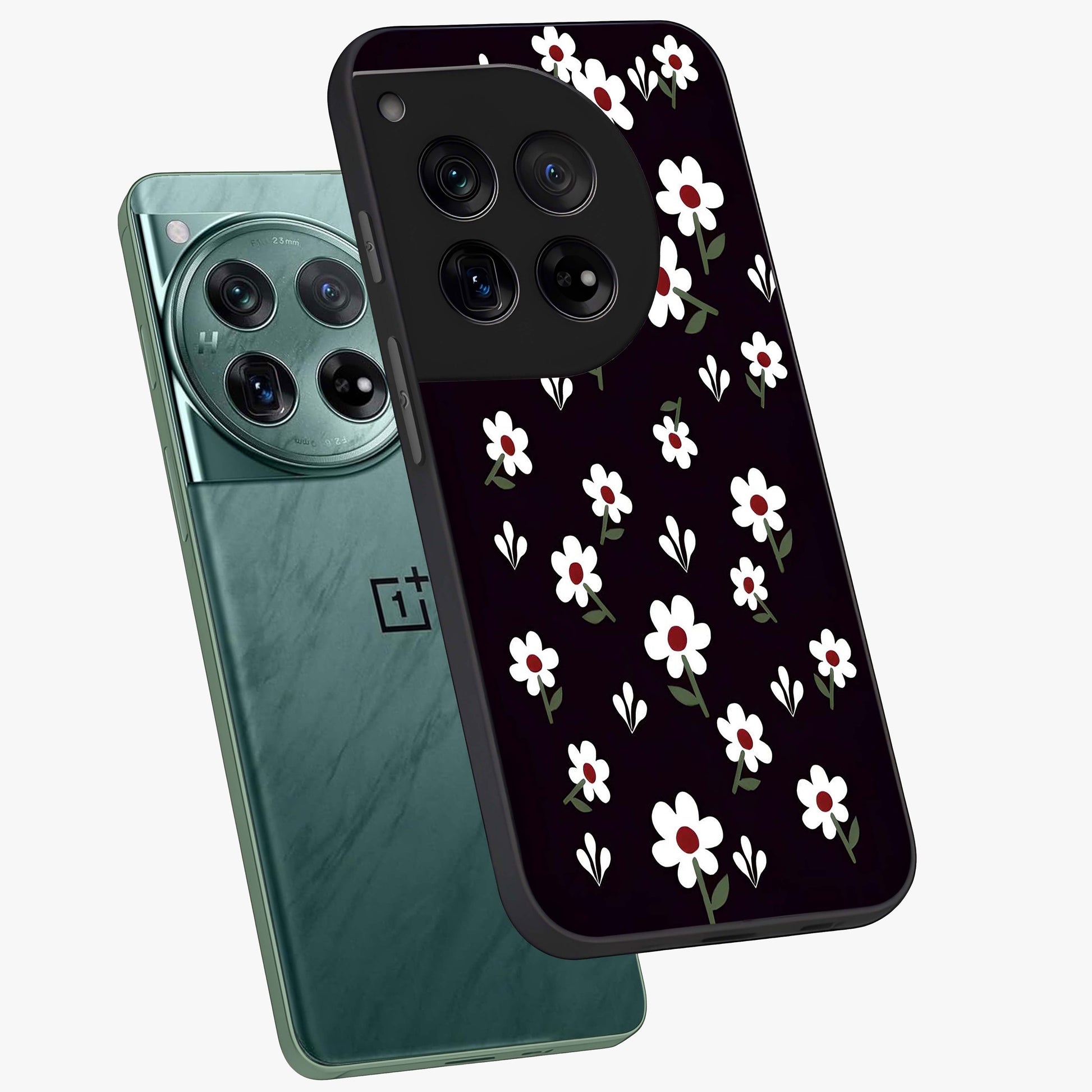Black Prints Daisy Flower Pattern Glass Case for 1+12 angled mockup showcasing glossy finish and bold floral contrast