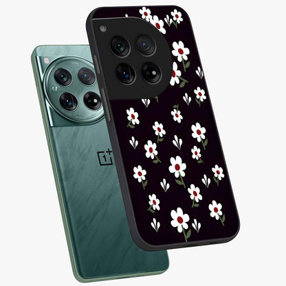 Black Prints Daisy Flower Pattern Glass Case for 1+12 angled mockup showcasing glossy finish and bold floral contrast