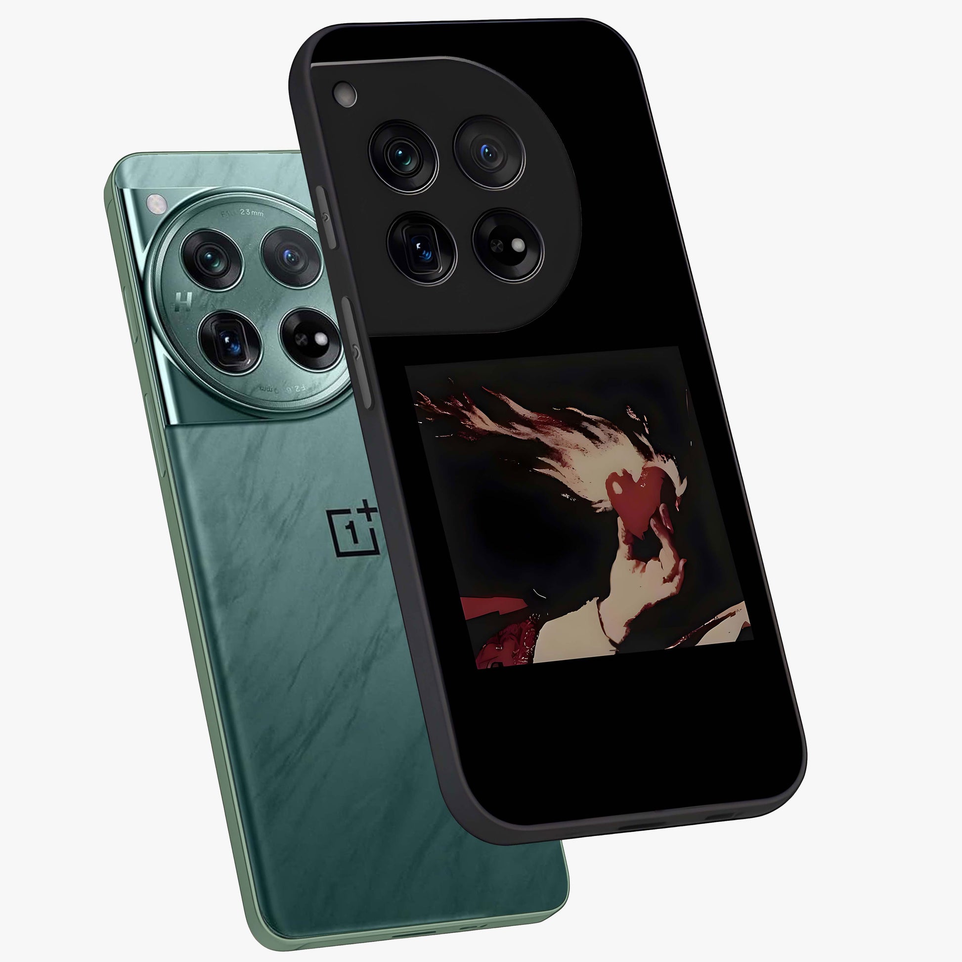 Blazing Heart Faith Glass Case for 1+12 captured at a warm angle highlighting bold flame tones, gloss, and edge clarity.