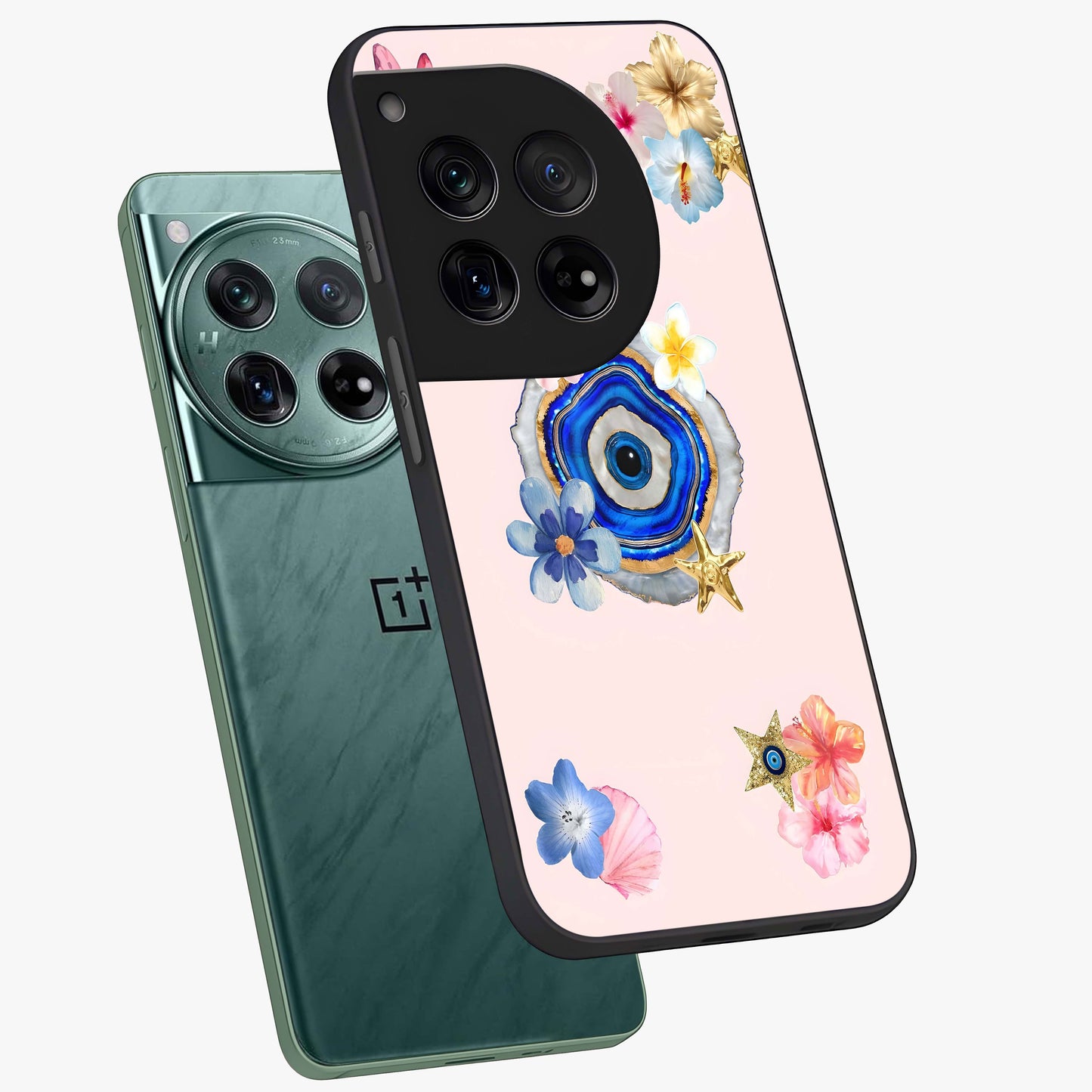 Blossom Evil Charm Glass Case for 1+12 angled mockup showcasing glossy finish and protective charm design