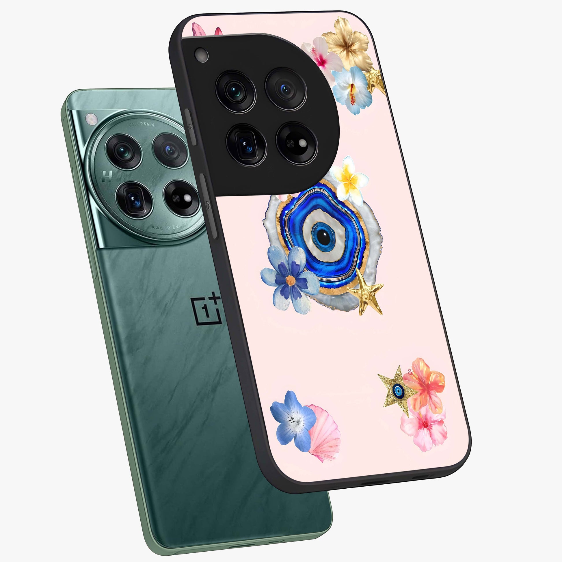 Blossom Evil Charm Glass Case for 1+12 angled mockup showcasing glossy finish and protective charm design