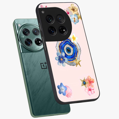 Blossom Evil Charm Glass Case for 1+12 angled mockup showcasing glossy finish and protective charm design