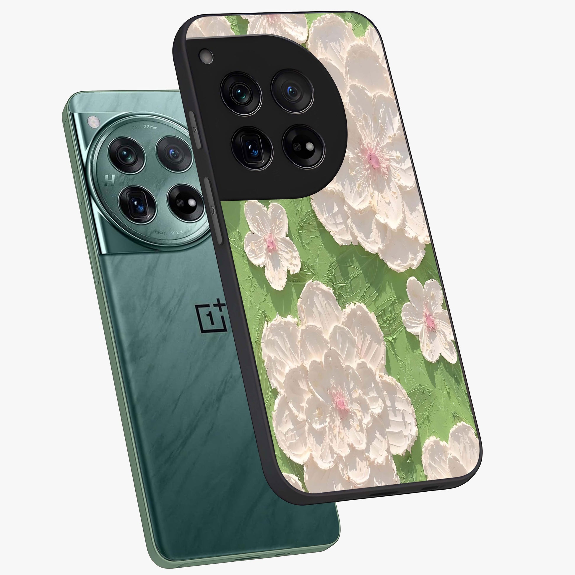 Blossom Meadow Dreams Glass Case for 1+12 angled mockup showcasing glossy finish and pastel bloom textures