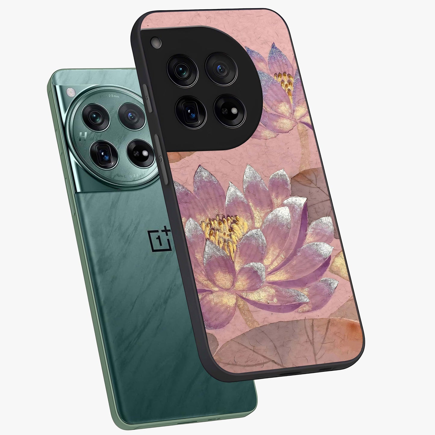 Blossom Mist Lotus Glass Case for 1+12 angled mockup showcasing glossy finish and peaceful floral detailing