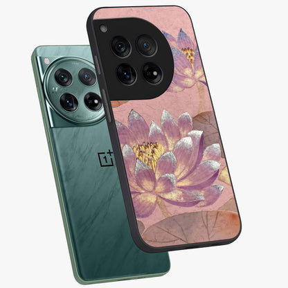 Blossom Mist Lotus Glass Case for 1+12 angled mockup showcasing glossy finish and peaceful floral detailing