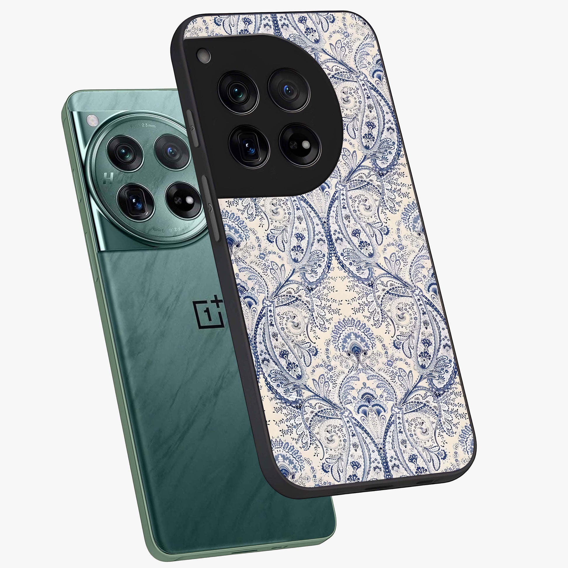 Blue Paisley Bloom Glass Case for 1+12 angled mockup showcasing glossy finish and detailed ornamental design