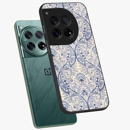 Blue Paisley Bloom Glass Case for 1+12 angled mockup showcasing glossy finish and detailed ornamental design