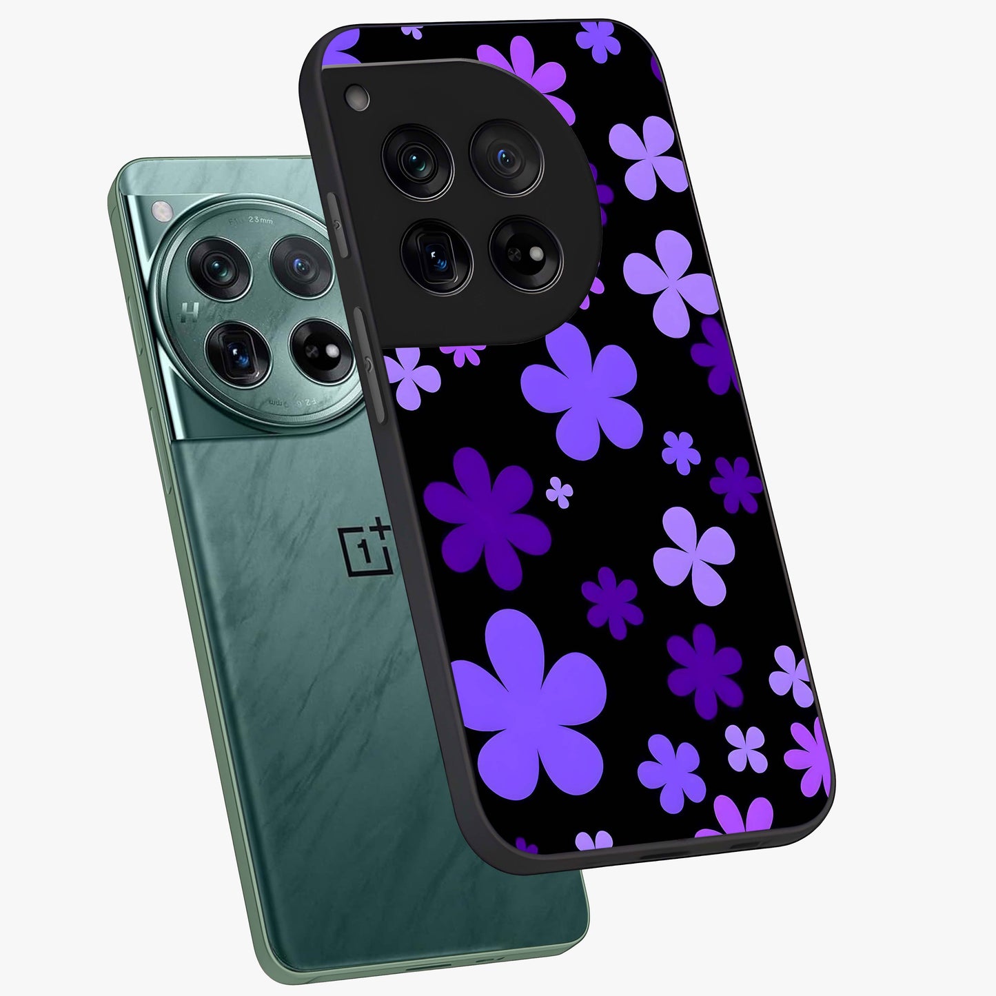 Blue Retro Pop Flowers Glass Case for 1+12 angled mockup showcasing glossy finish and playful pop flower design