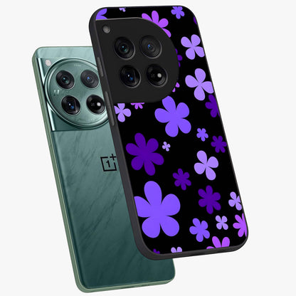 Blue Retro Pop Flowers Glass Case for 1+12 angled mockup showcasing glossy finish and playful pop flower design