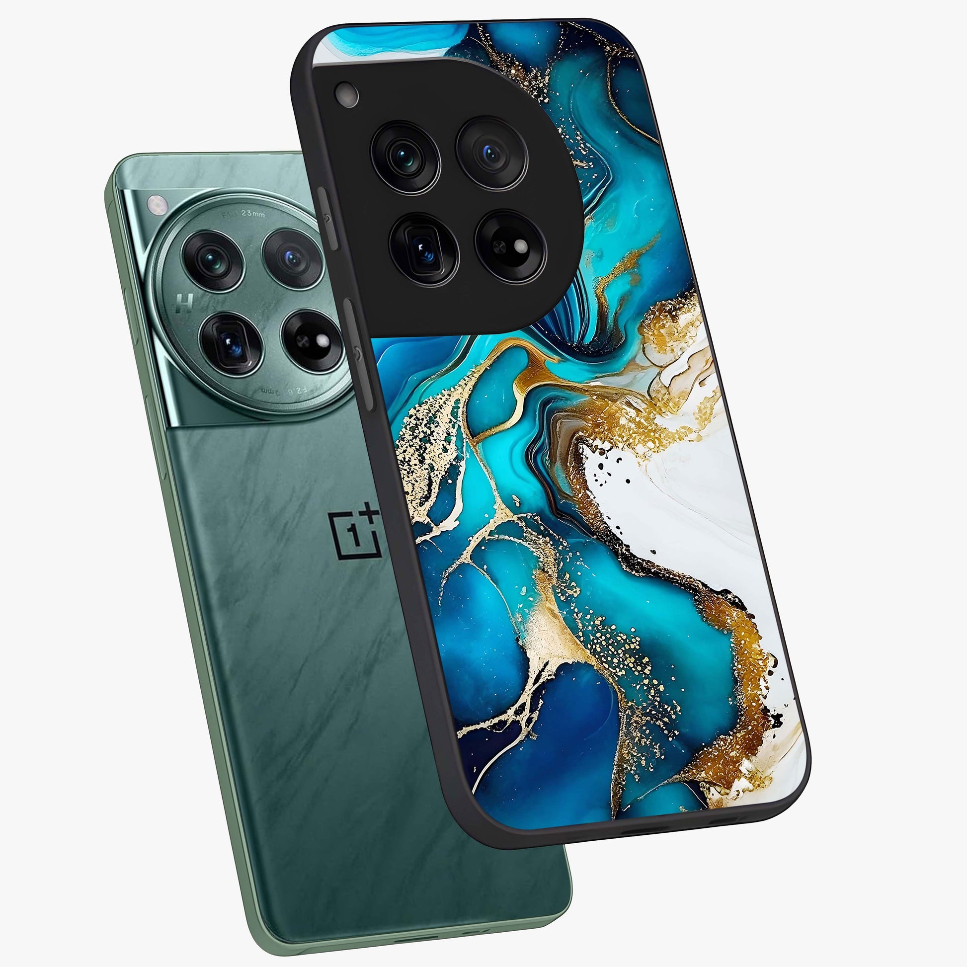 Blue and White Marble With Golden Viens Art Glass Case for 1+12 angled mockup showcasing glossy finish and premium marble pattern