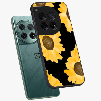 Bold Sunflowers Glow Glass Case for 1+12 angled mockup showcasing glossy glass finish and bright floral detailing