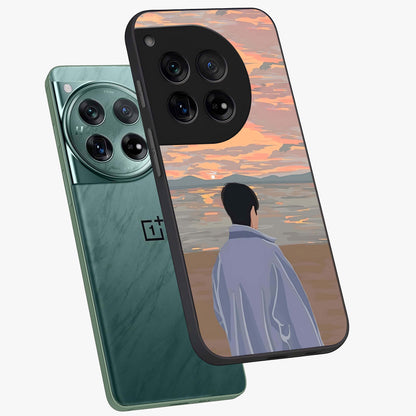 Boy Facing Sunset Beach Glass Case for 1+12 angled mockup showcasing glossy finish and warm beach tones