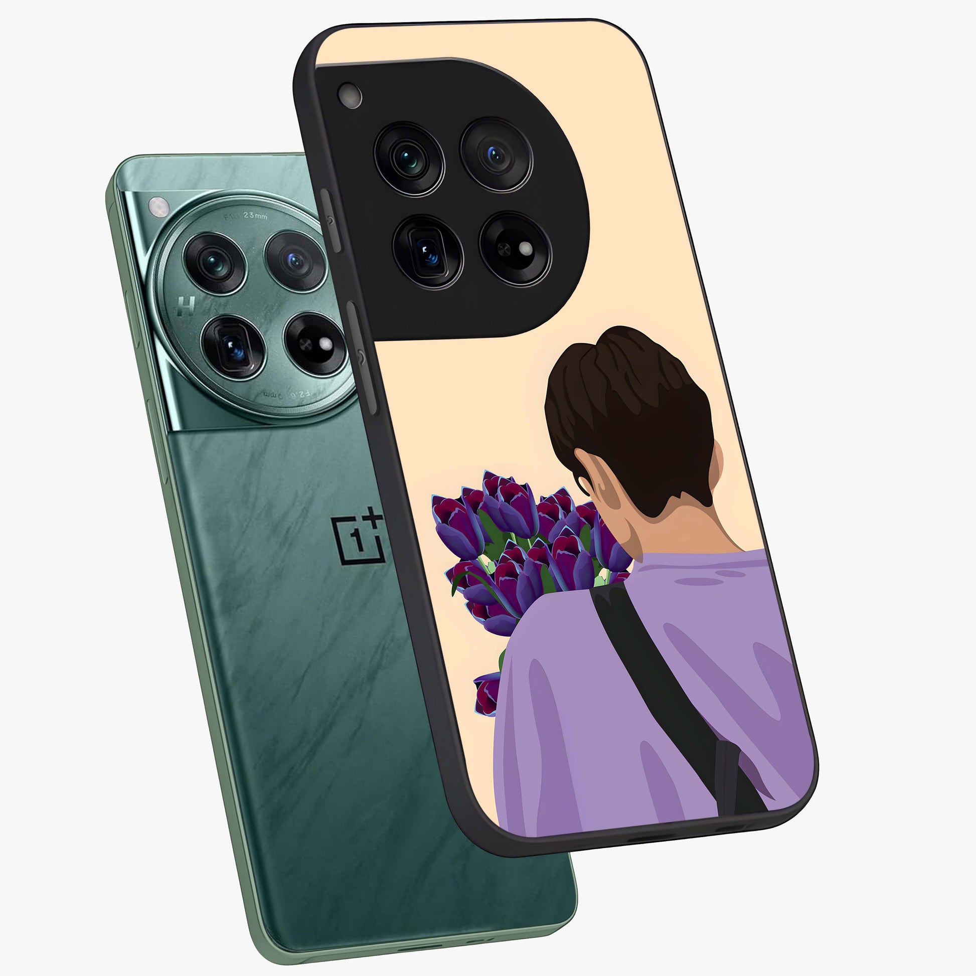 Boy Holding Flowers Glass Case for 1+12 angled mockup showcasing glossy finish and gentle pastel artwork