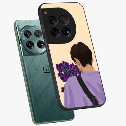 Boy Holding Flowers Glass Case for 1+12 angled mockup showcasing glossy finish and gentle pastel artwork