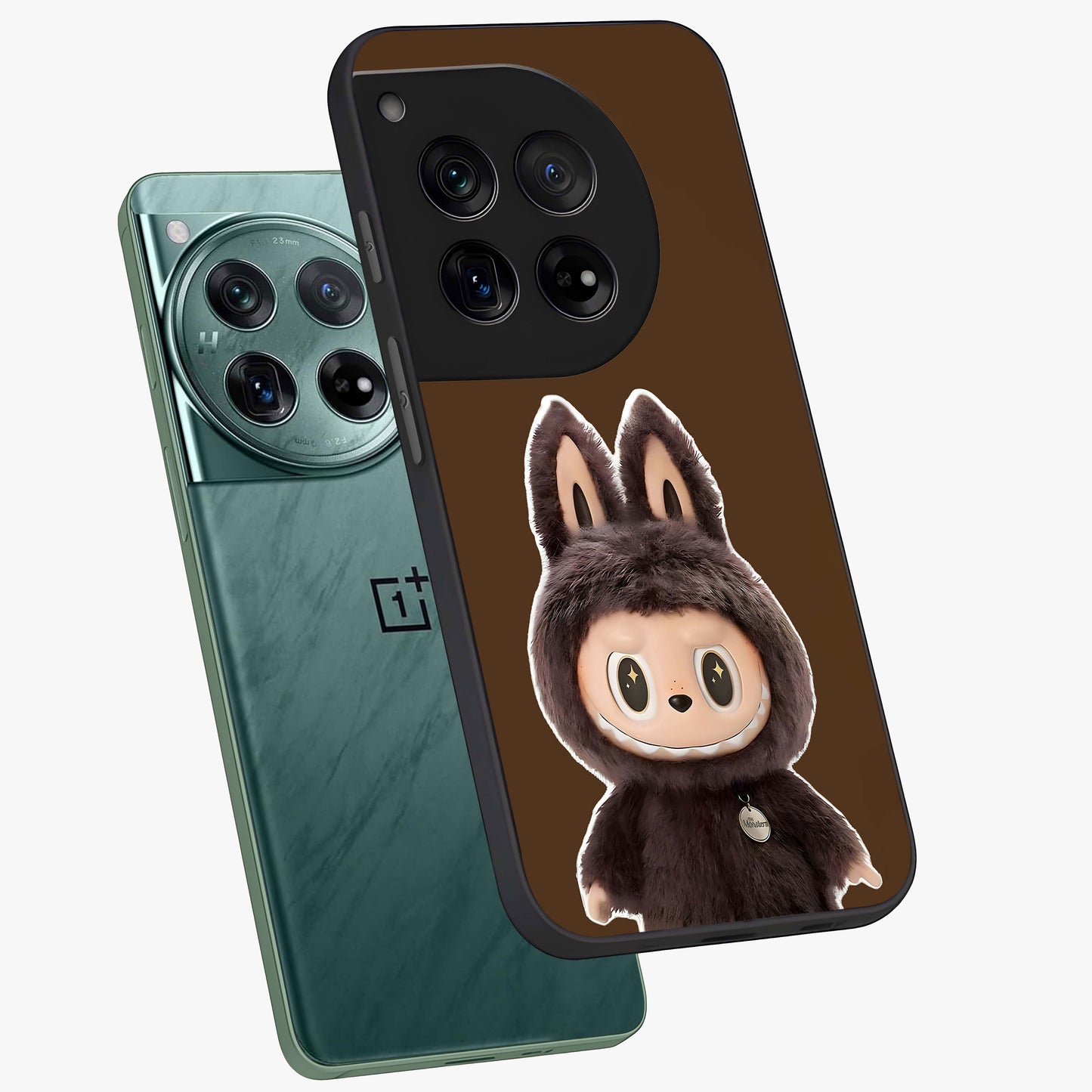 Brown Labubu Design Glass Case for 1+12 angled mockup showcasing glossy finish and detailed cartoon illustration