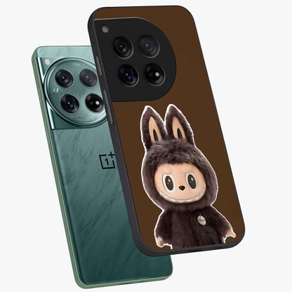 Brown Labubu Design Glass Case for 1+12 angled mockup showcasing glossy finish and detailed cartoon illustration