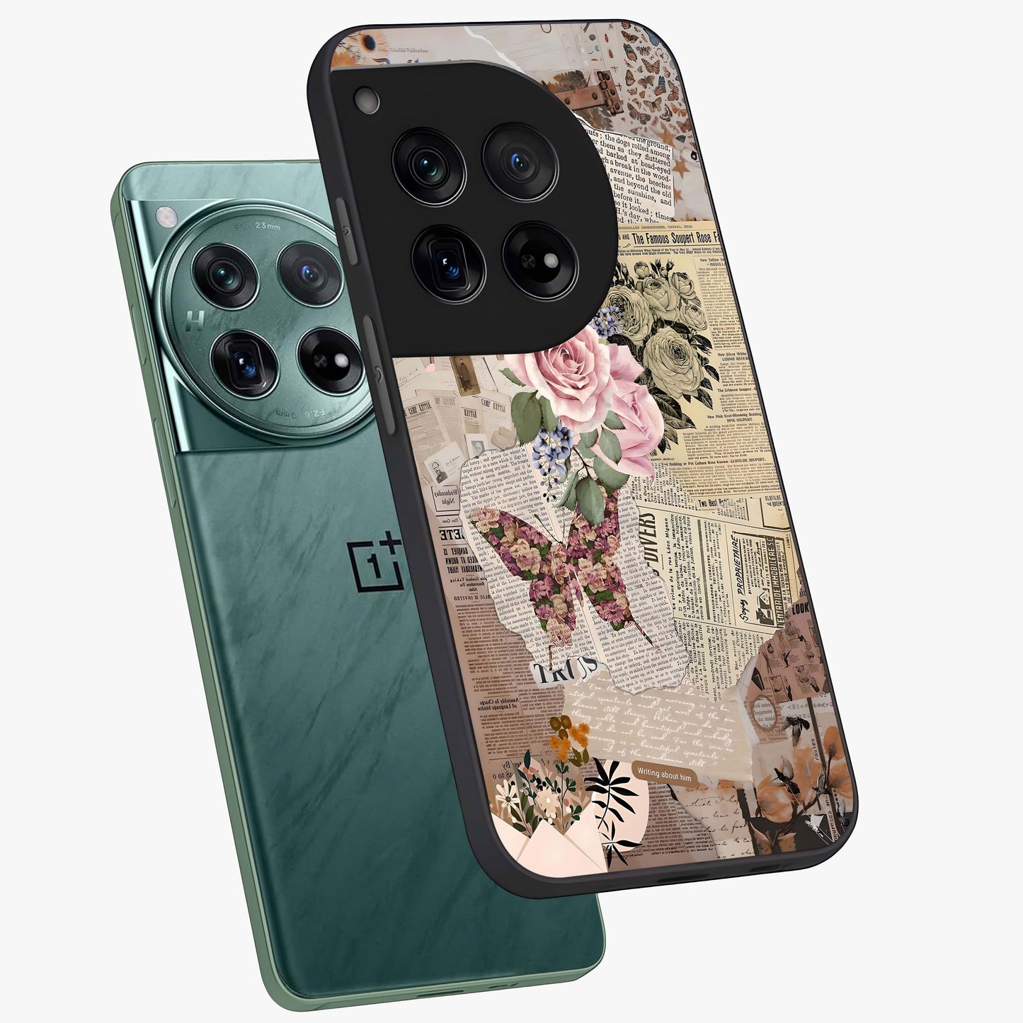 Butterfly News Bloom Glass Case for 1+12 angled mockup showcasing glossy finish and vibrant nature design