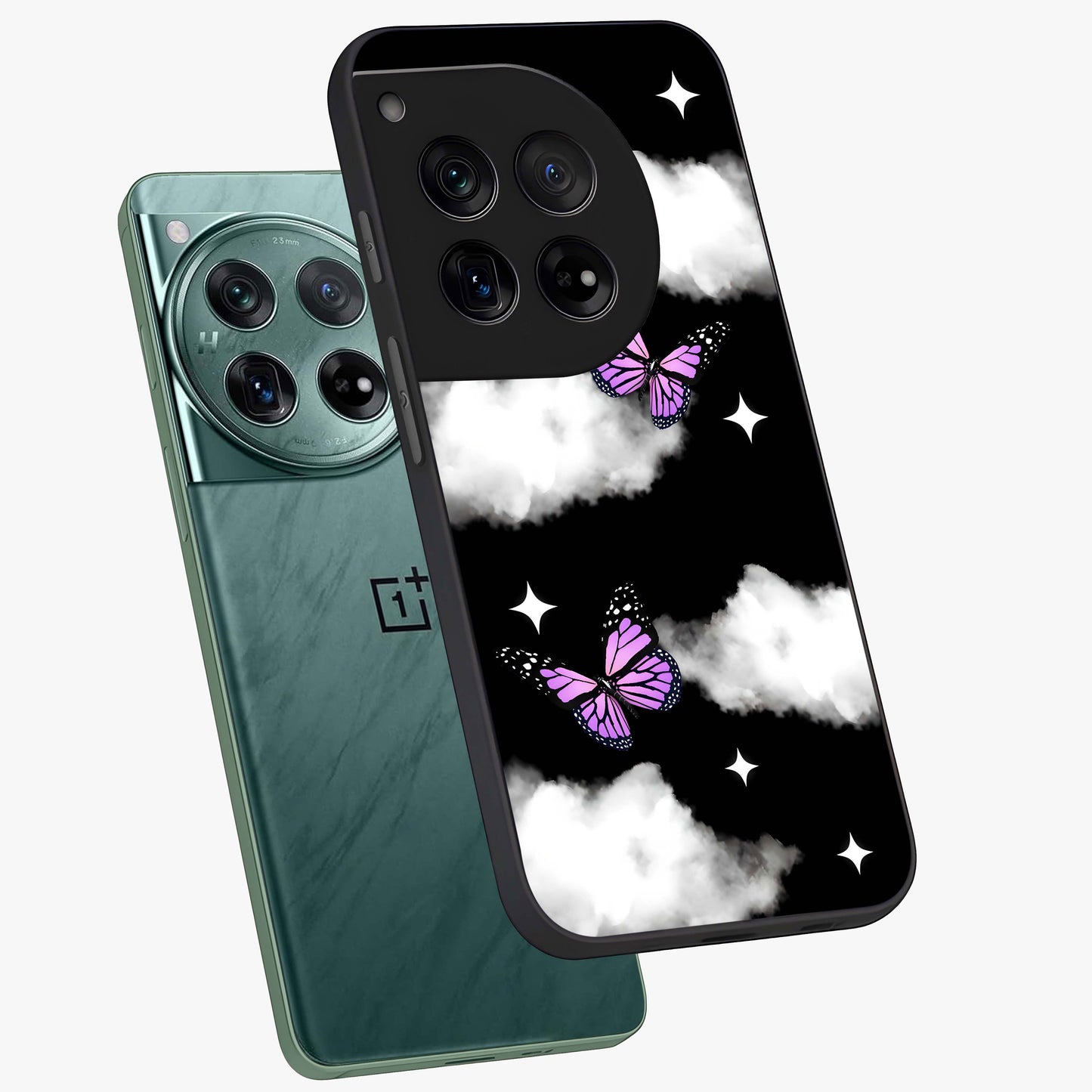 Butterfly Night Drift Glass Case for 1+12 angled mockup showcasing glossy finish and deep midnight gradients