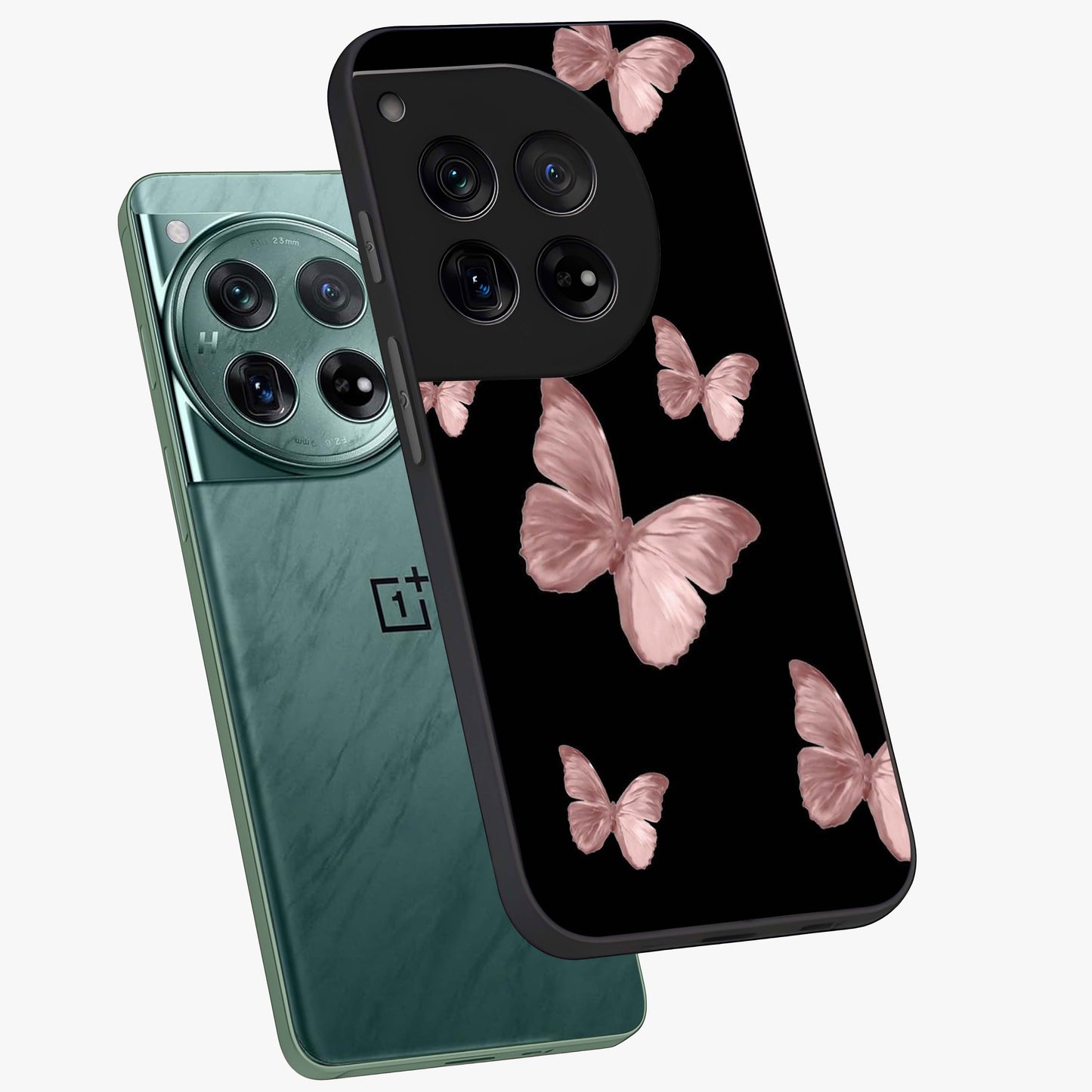 Butterfly Pattern Glass Case for 1+12 angled mockup showcasing glossy glass finish and delicate wing design
